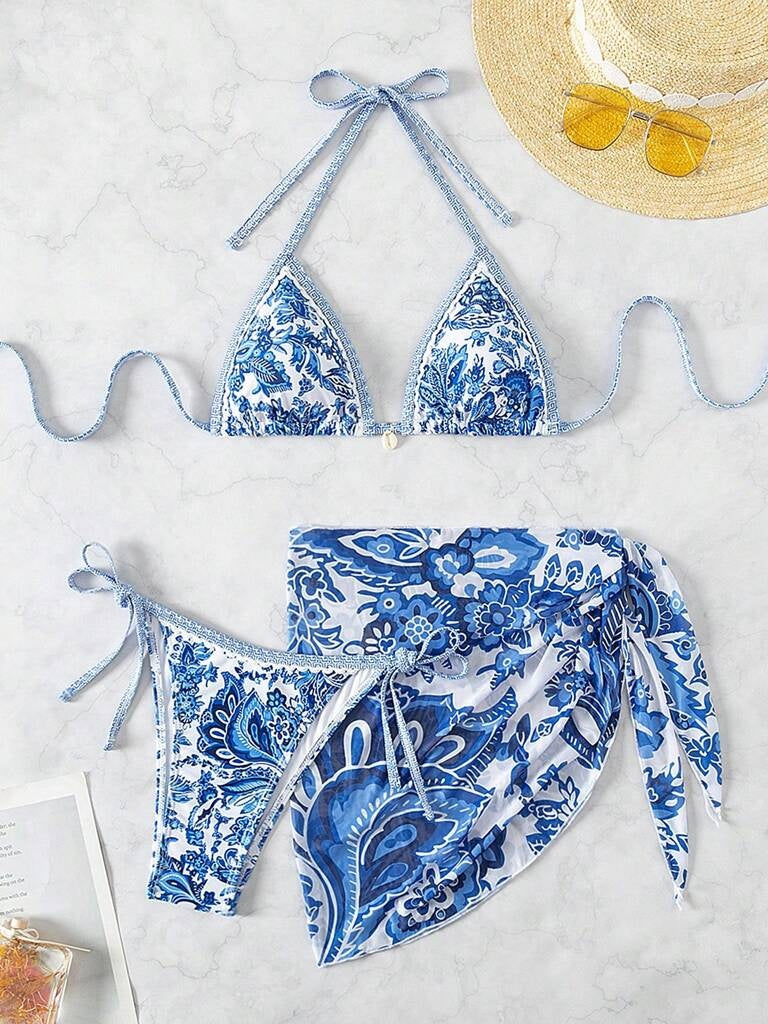 Biquíni 3 Peças Azul com Branco Rakelly