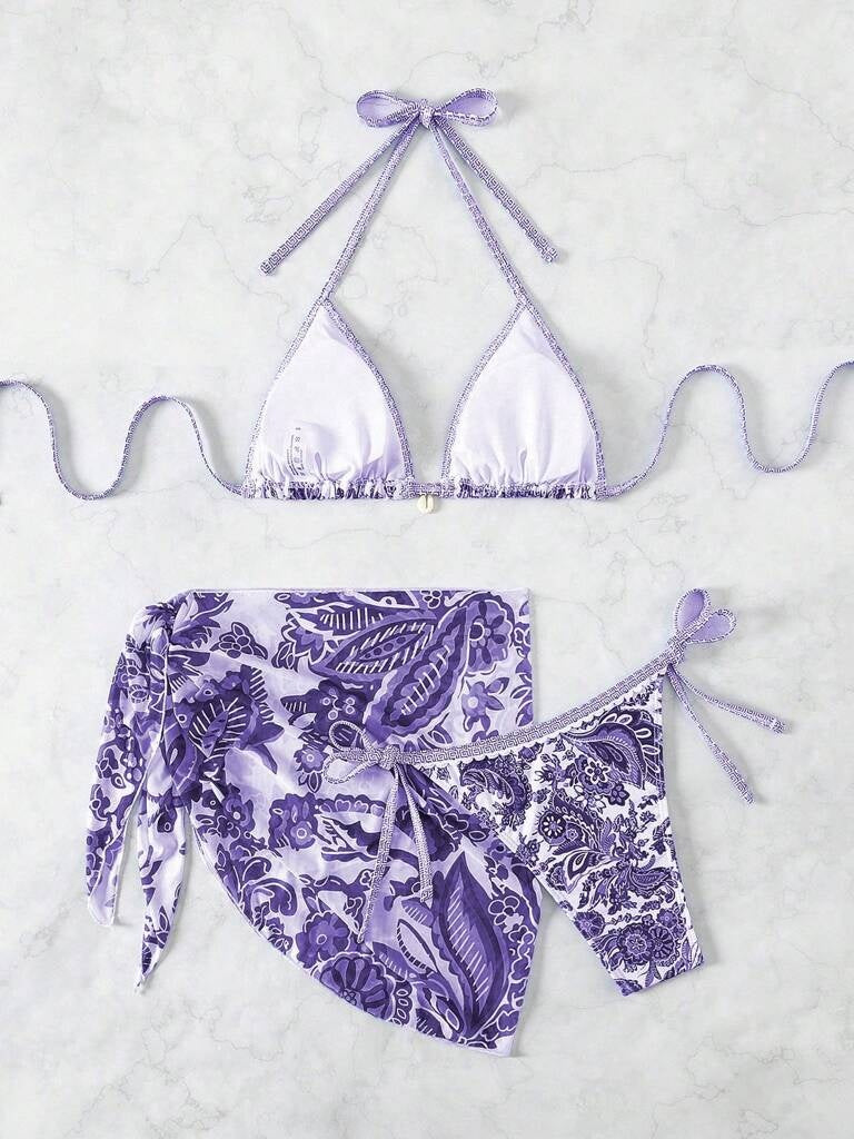Biquíni 3 Peças Roxo com Branco Rakelly