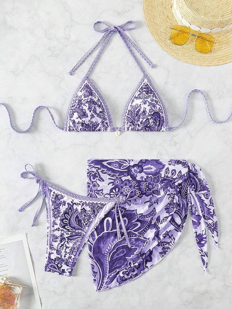 Biquíni 3 Peças Roxo com Branco Rakelly